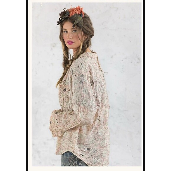 MAGNOLIA PEARL Twill Blockprint Kelly Western Shirt One Size Pink Paint Wimsical - Picture 1 of 11